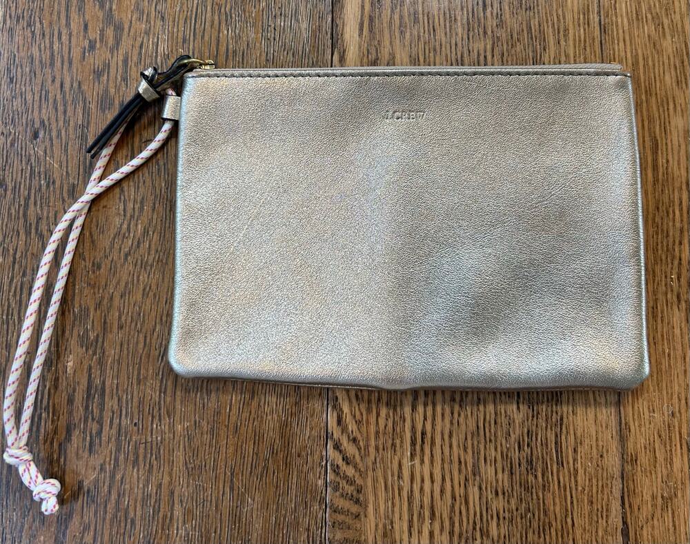J. Crew Metallic Gold Leather Pouch Wristlet Unlined Butter Soft 5.5”x8” Branded